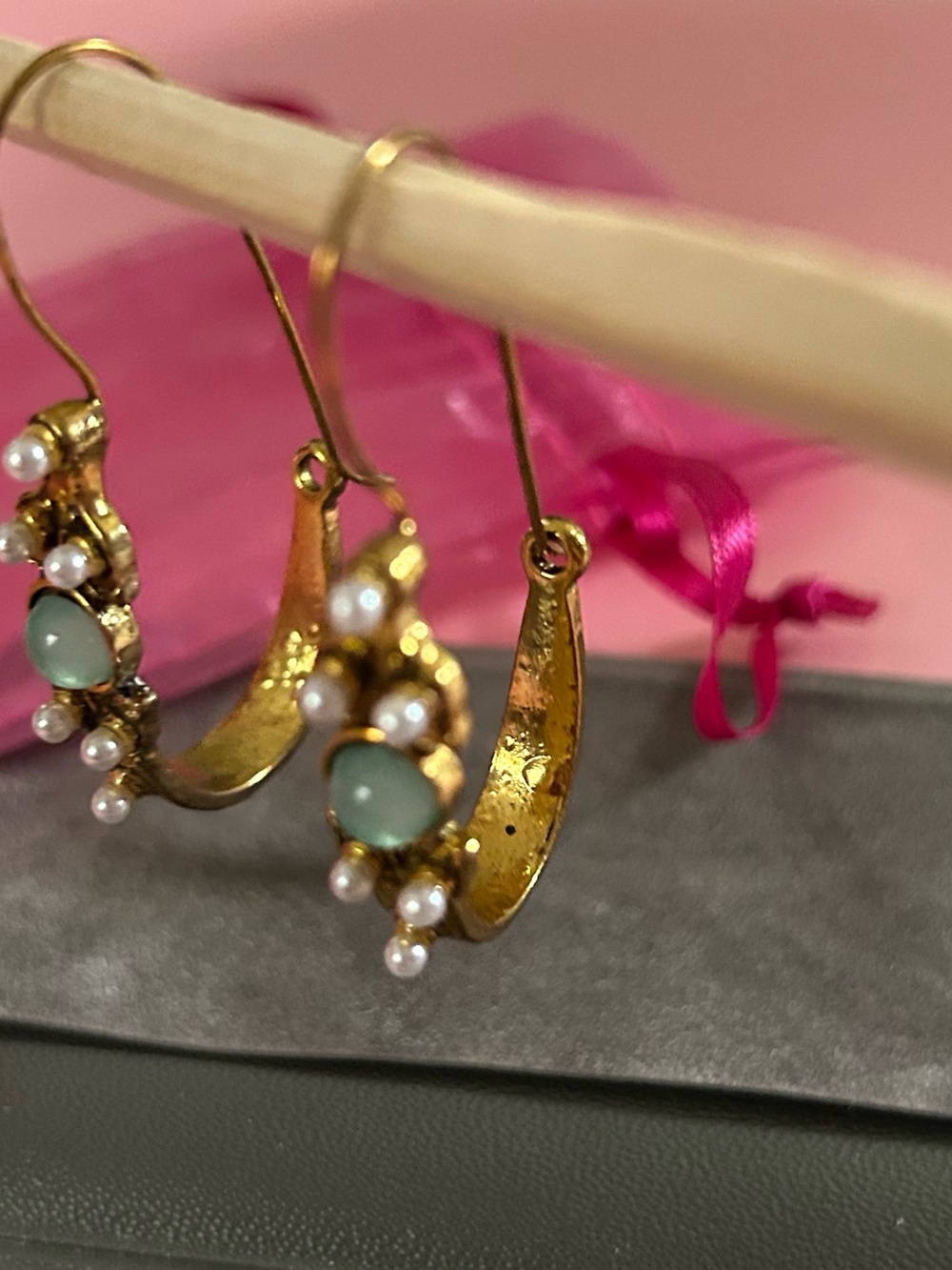 Gold-Tone Earrings with Mint Green Stones and Pearls - Picture 3 of 5